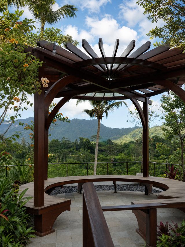 Open-air shala with pool and mountain views