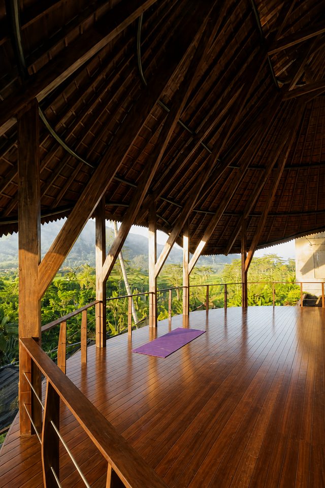 Peaceful open-air yoga shala interior